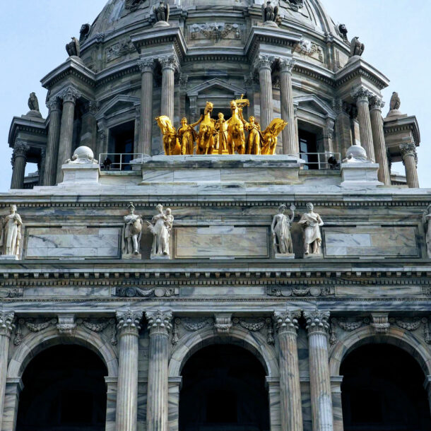 Outside close up of the Minnesota State Capital rotunda.