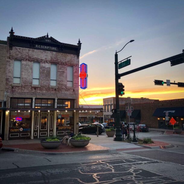 Small town mainstream at dusk.